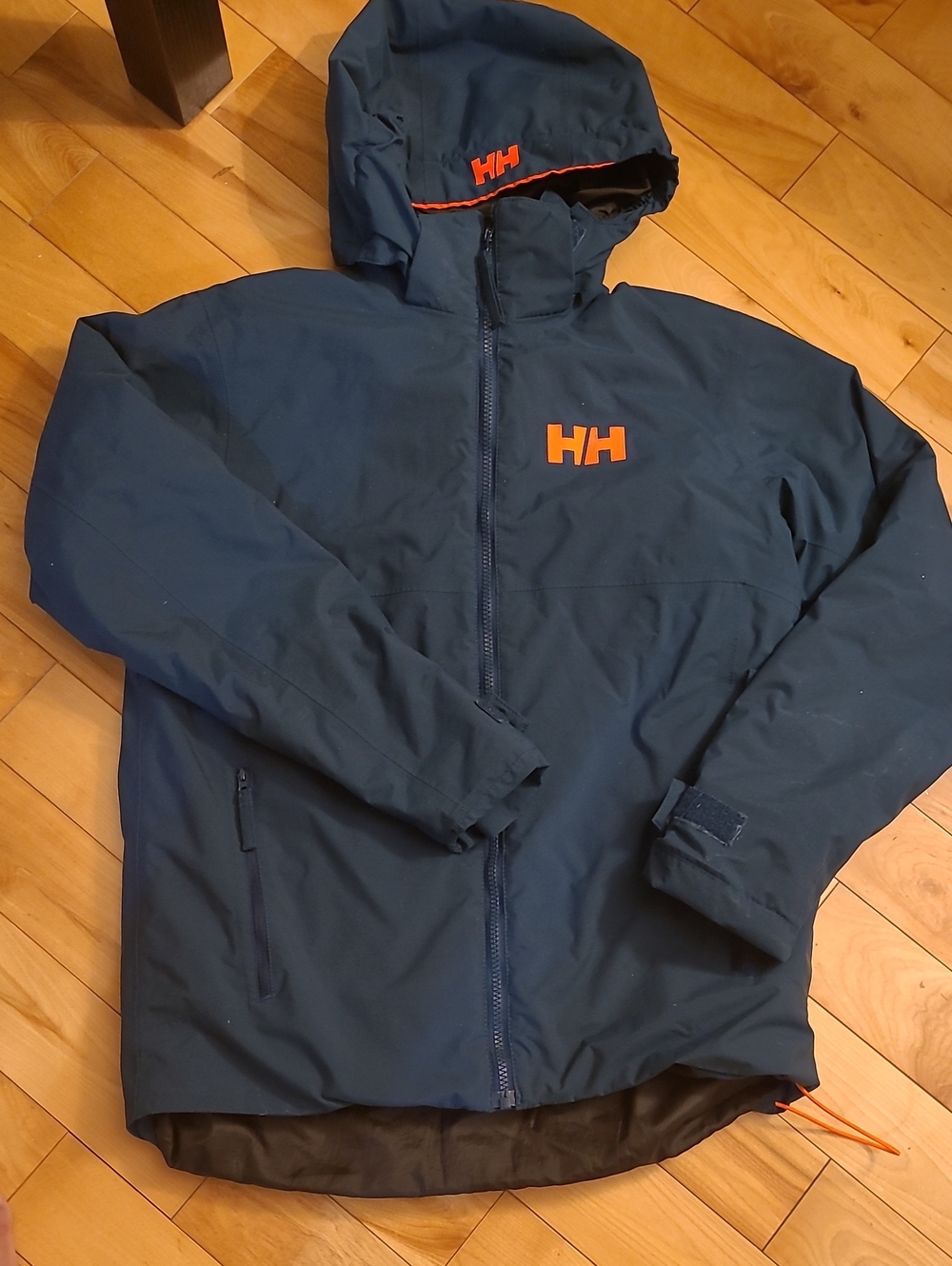 Helly Hansen Boy's Dark Blue Hooded Rain Jacket with Orange Logo
